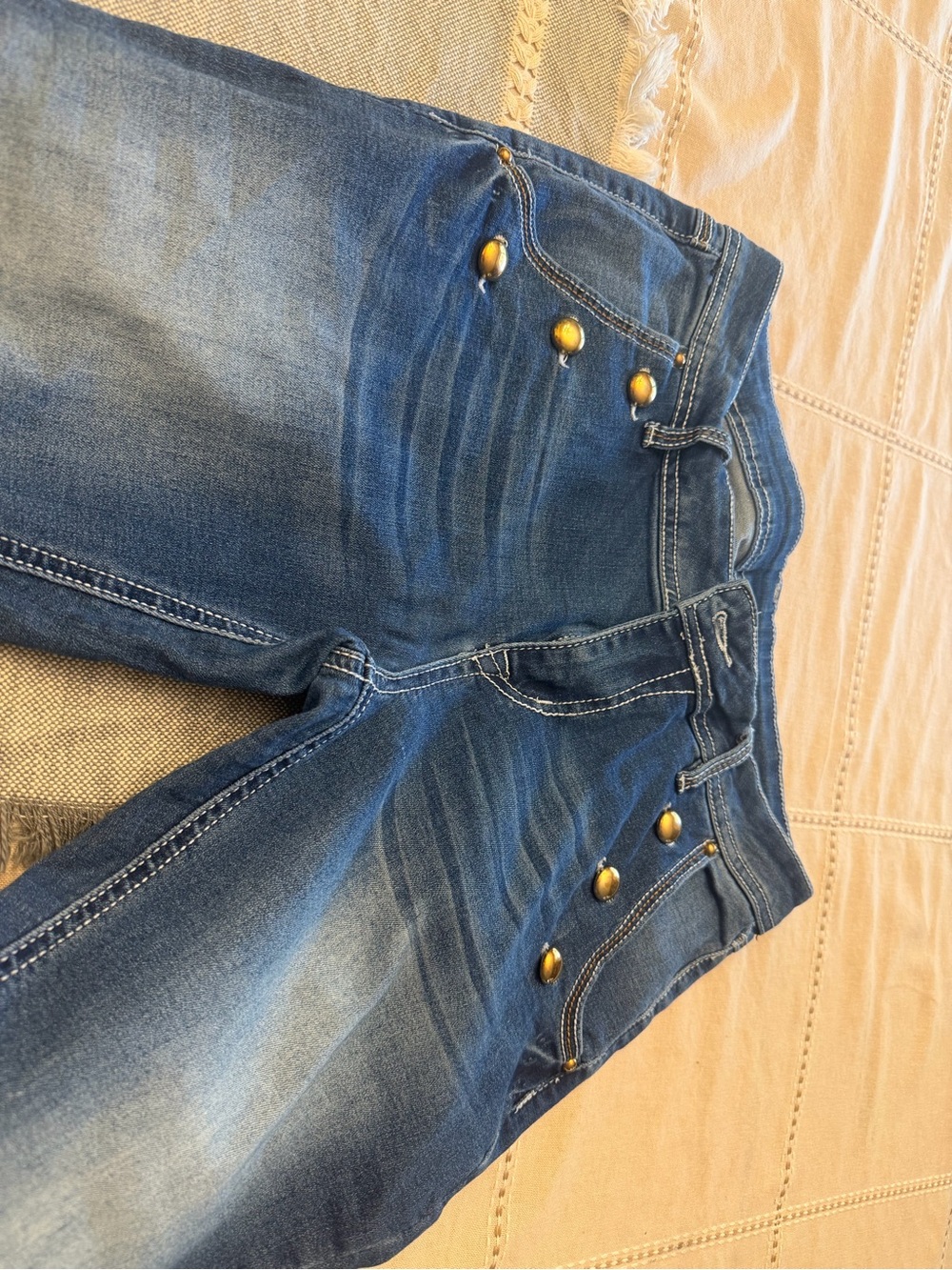 Women's Blue Boot-Cut Jeans with Decorative Gold Buttons